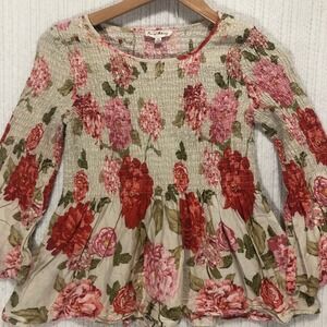 Jane and Delancey Floral Smocked Peplum Top Blouse Womens‎ XS Bell Sleeve